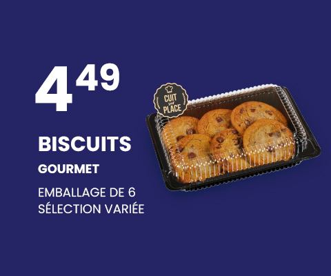 Lecture de texte 'Sélection assortie sur un paquet de 6 biscuits gastronomiques au prix de 4,49 $.' avec une photo de délicieux biscuits.