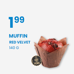 Lecture de texte 'Achetez un muffin velours rouge de 140g seulement à 1,99 $.' avec une photo de muffin fraîchement sorti du four.