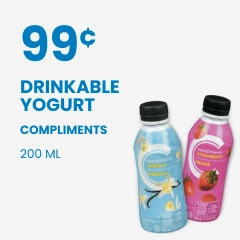 Text Reading 'Buy Compliments Drinkable Yogurt 200ml only at 99 cents.'