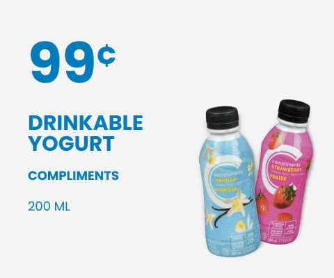 Text Reading 'Buy Compliments Drinkable Yogurt 200ml only at 99 cents.'