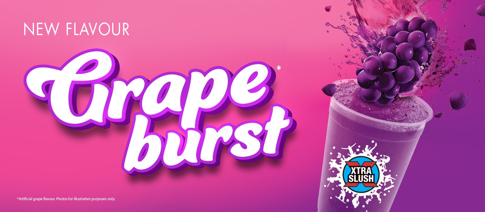 Colorful graphic promoting new grape burst flavour from xtra slush!