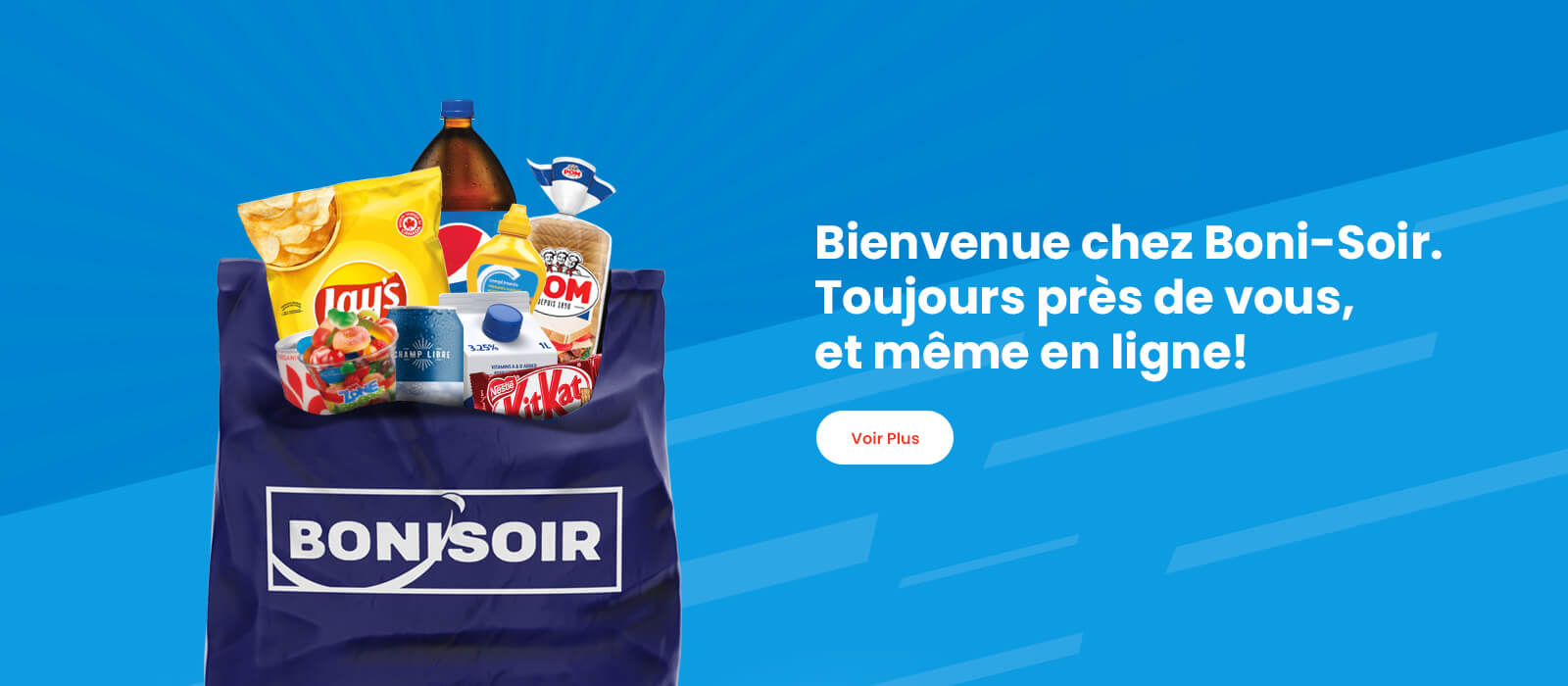 Lecture du texte 'Bienvenue à Boni-Soir. Toujours à proximité, et même en ligne ! Pour en savoir plus, cliquez sur le bouton 'Voir plus' ci-dessous.'