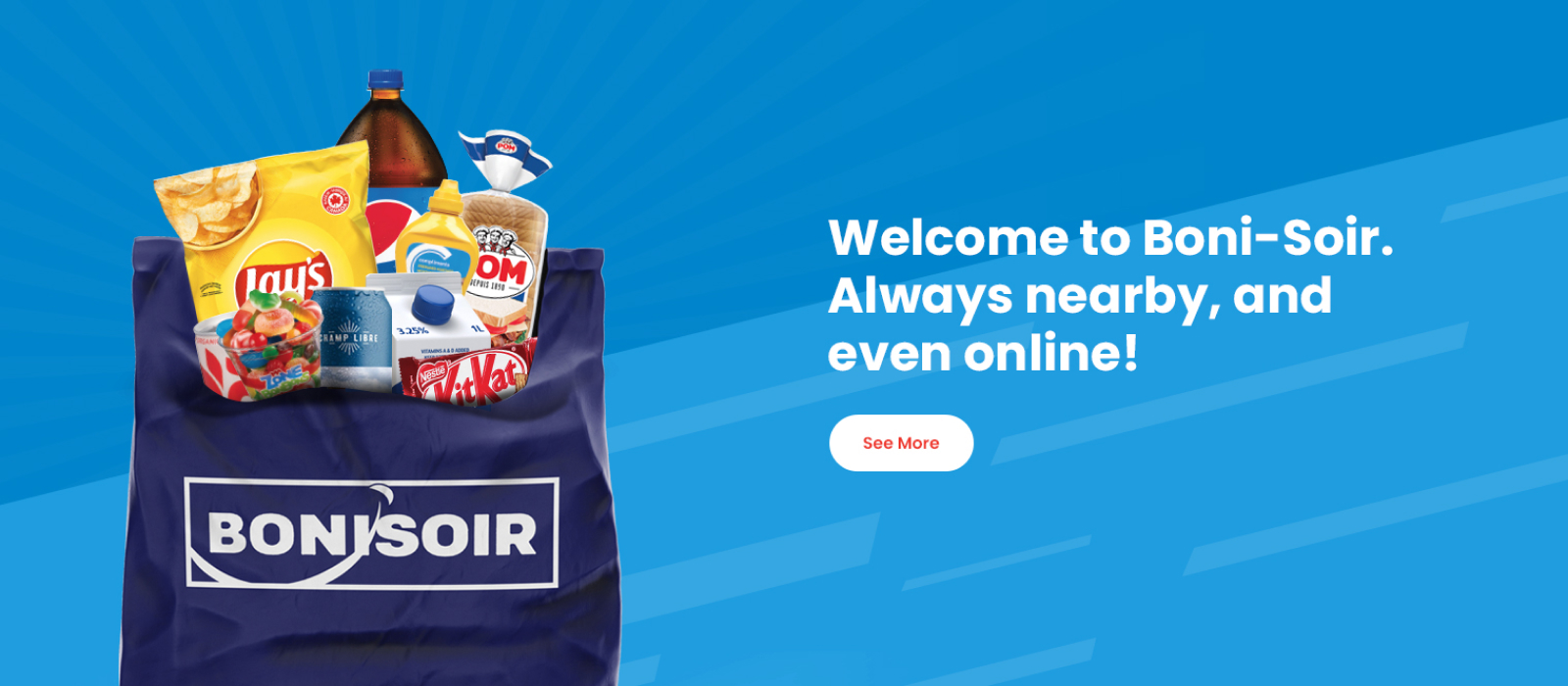 Text Reading 'Welcome to Boni-Soir. Always nearby, and even online! Know more information from the 'See more' button given below.'